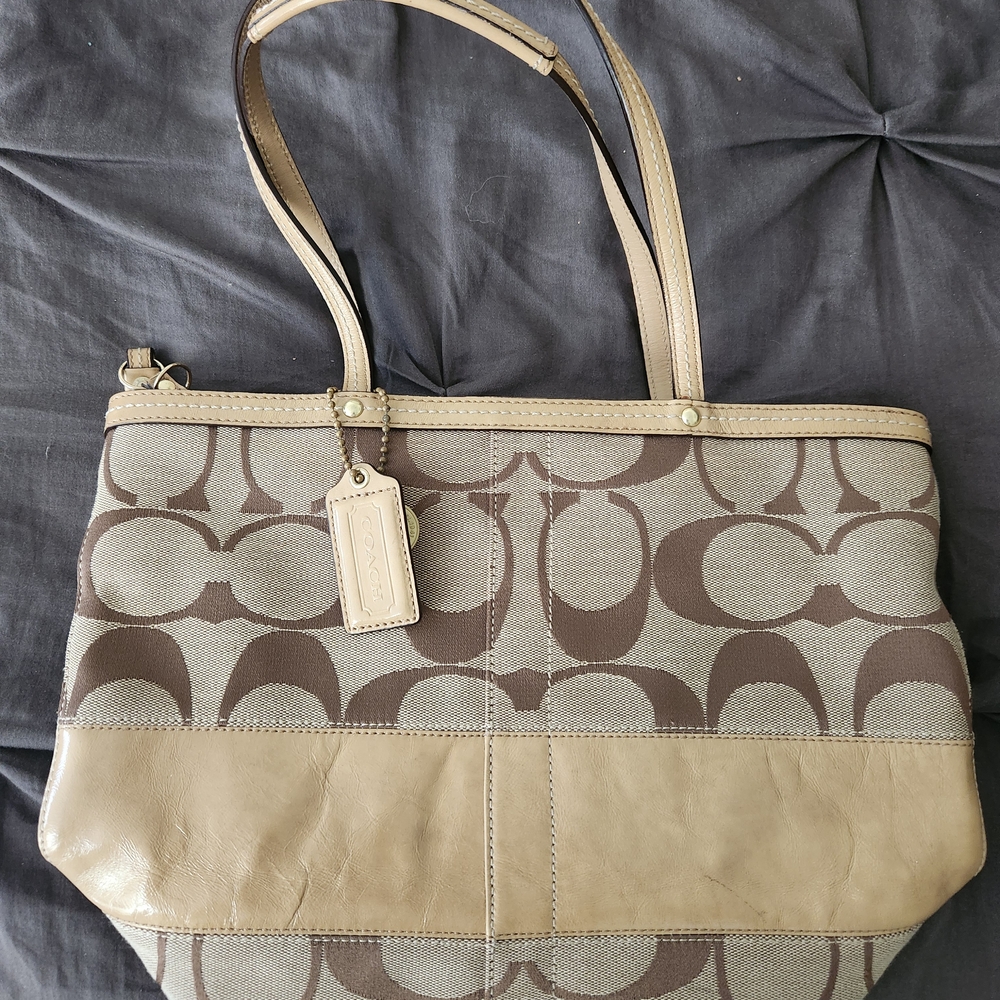 Coach Brown and Tan Signature Shoulder Bag